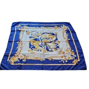 Vintage Boucheron Paris Silk Scarf Blue Gold High Jewelry Perfume Print 33x33